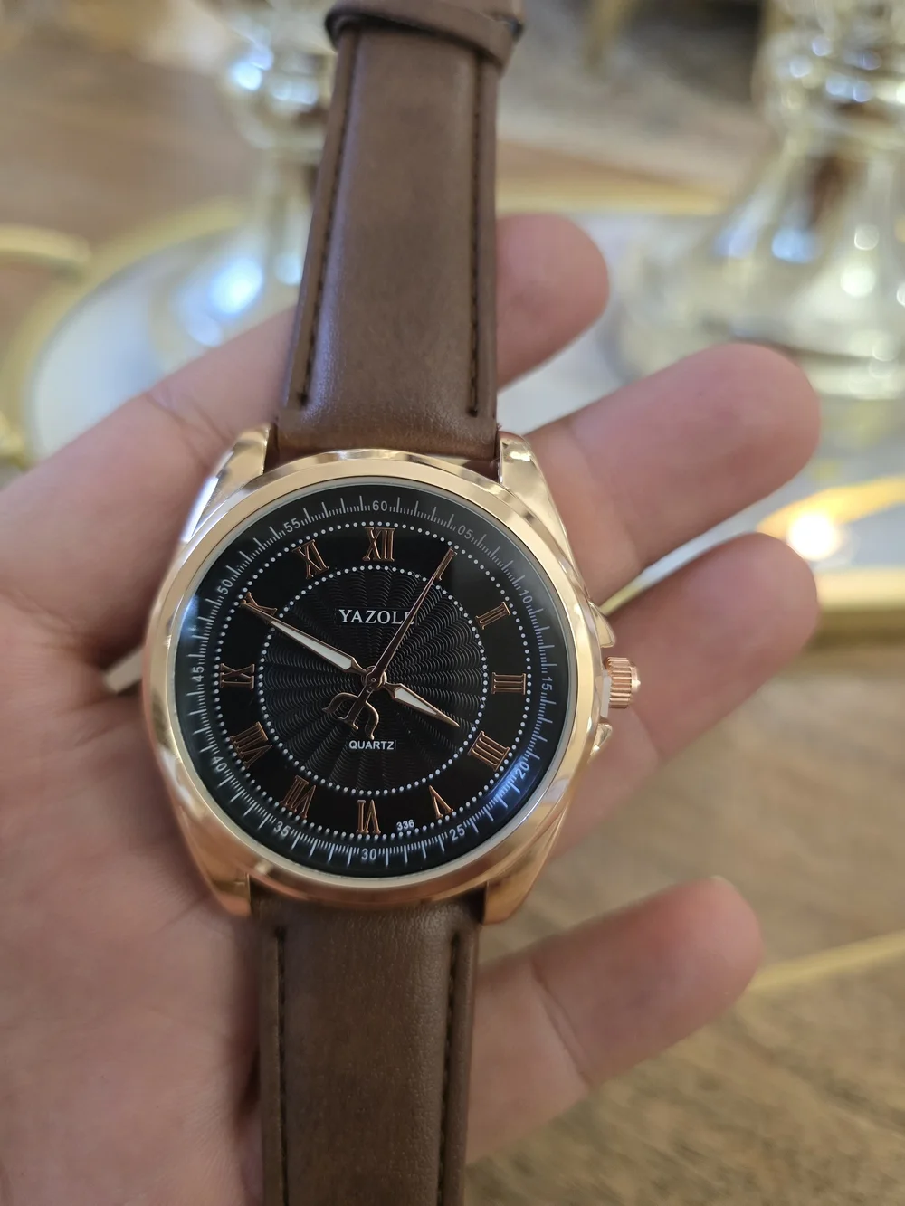 Men's Black Dial Brown Leather Strap Watch - Rose Gold Case